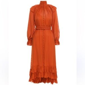 ZIMMERMANN Women’s Brightside Dress Size 2 Medium Rust Belted Long Sleeve Ruffle